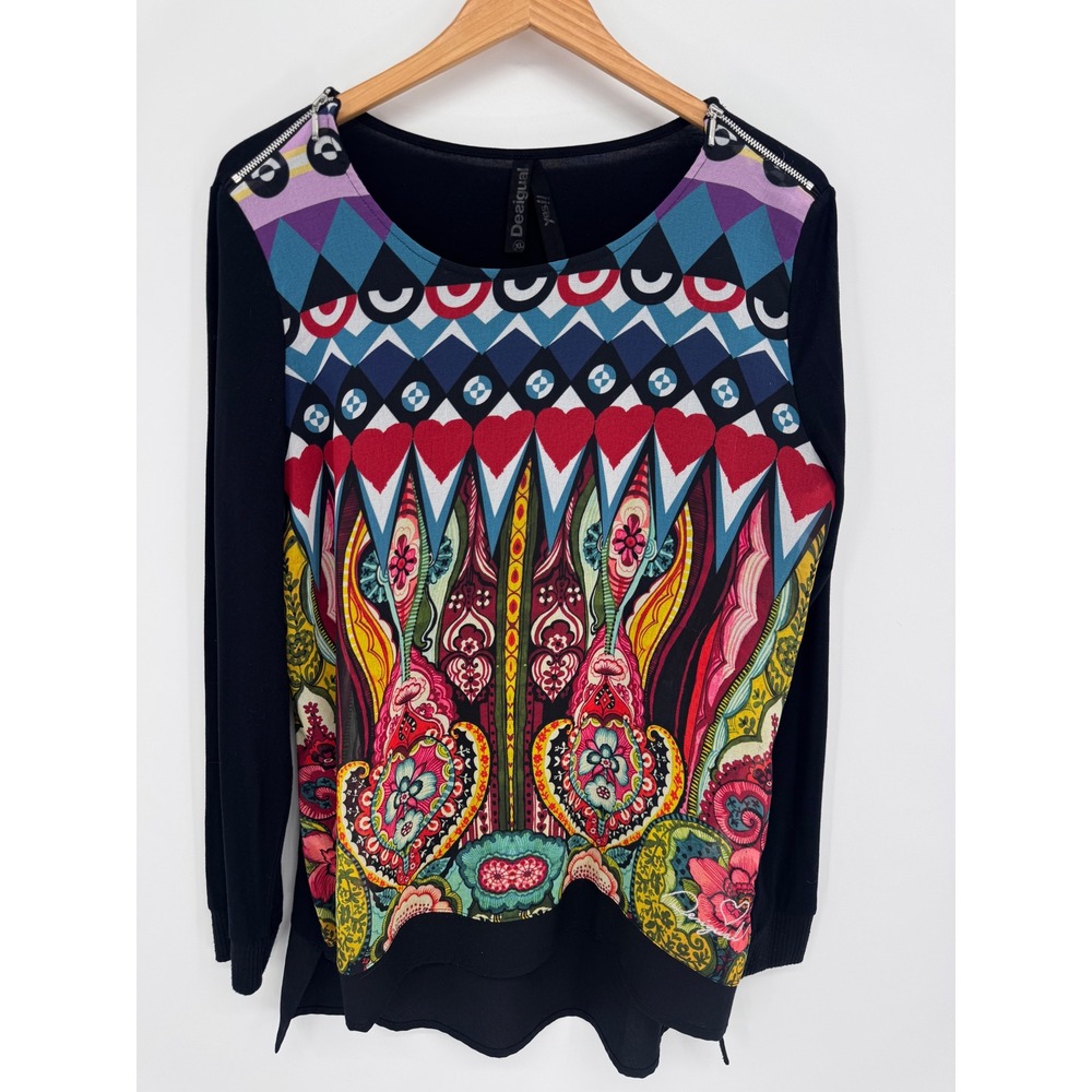 Desigual Adonia Graphic Print Top Women XL Black Mixed Media Boho Artsy Eclectic